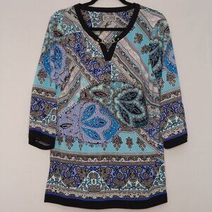 JM Collection Paisley Boho Hippie Tunic w/ side and sleeve slits Size Medium